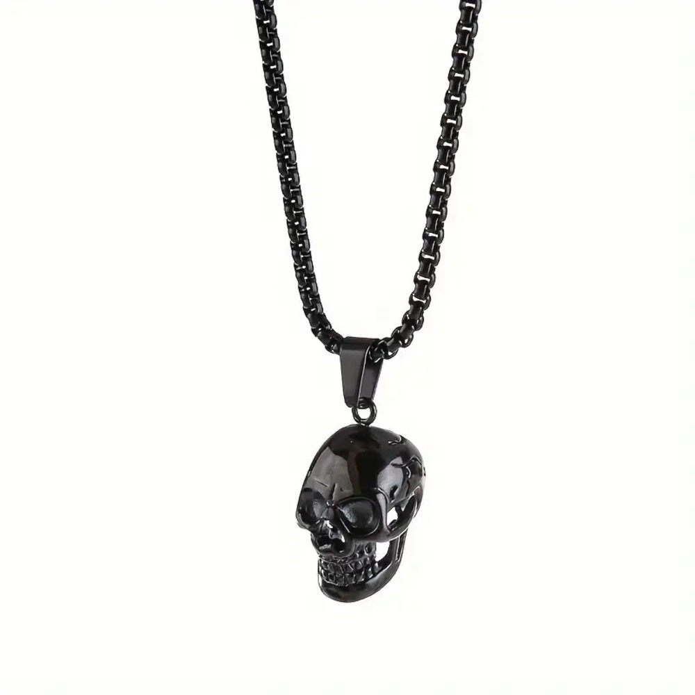 BIKER BLACK SKULL STAINLESS STEEL CHAIN NECKLACE
